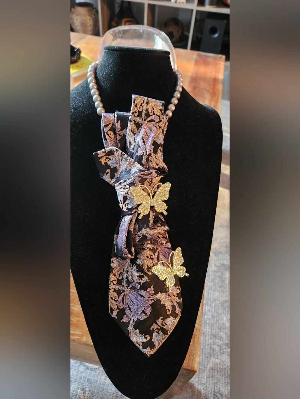 Elegant Black and Lavender Floral Tie Necklace with Gold Butterfly Pins
